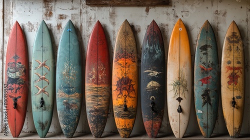 A captivating collection of uniquely painted surfboards against a rustic background showcasing vibrant artwork and coastal culture themes photo