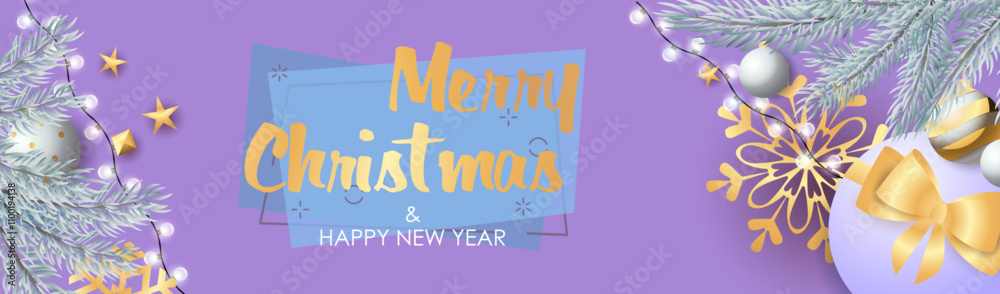 Obraz premium Merry Christmas and Happy New Year design with sparkling silver light bulbs, presents and gold star decoration on purple background. Lettering can be used for posters, leaflets, announcements