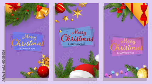 Set of Merry Christmas and Happy New Year design with fir branches, Santa Claus hat and jingle bells, gift box and baubles. Letterings can be used for posters, leaflets, announcements