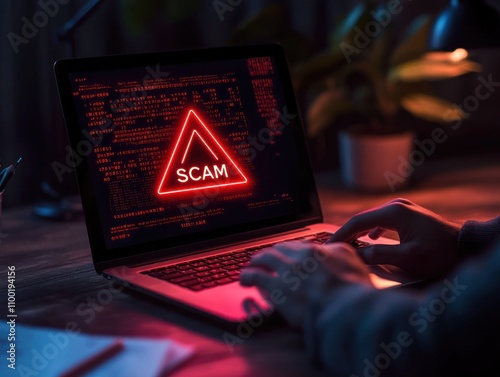 Illuminated scam warning on laptop in dark room