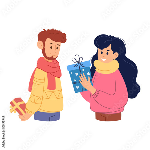 Illustration of a couple exchanging gifts in winter outfits. The woman smiles as she gives a gift, and the man secretly holds another one behind his back. Perfect for holiday themes. Christmas.