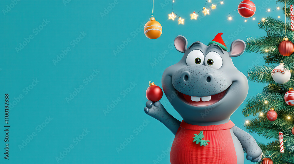 Naklejka premium A cheerful hippo character in a red outfit celebrates Christmas next to a decorated tree, spreading festive joy and holiday spirit.