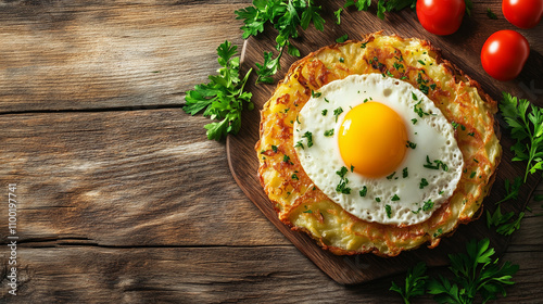 Delicious breakfast with crispy potato pancake and sunny side up egg on rustic wooden table photo