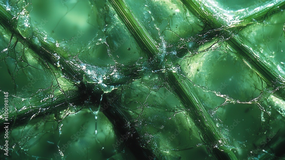 Close-up of green plant fibers with intricate network of veins and textures Close-up of green plant fibers with intricate network of veins and textures
