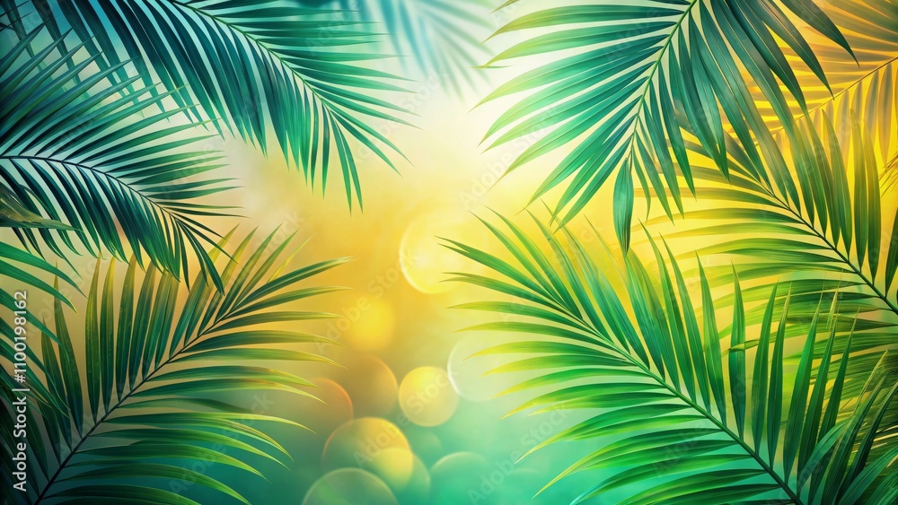 Obraz premium Tropical Palm Leaves Frame with Bokeh Background, Palm, Tropical, Leaves, Frame