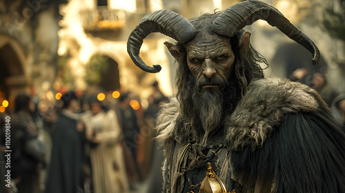 Medieval Demon with Horns and Intense Gaze in a Historic Village Setting photo