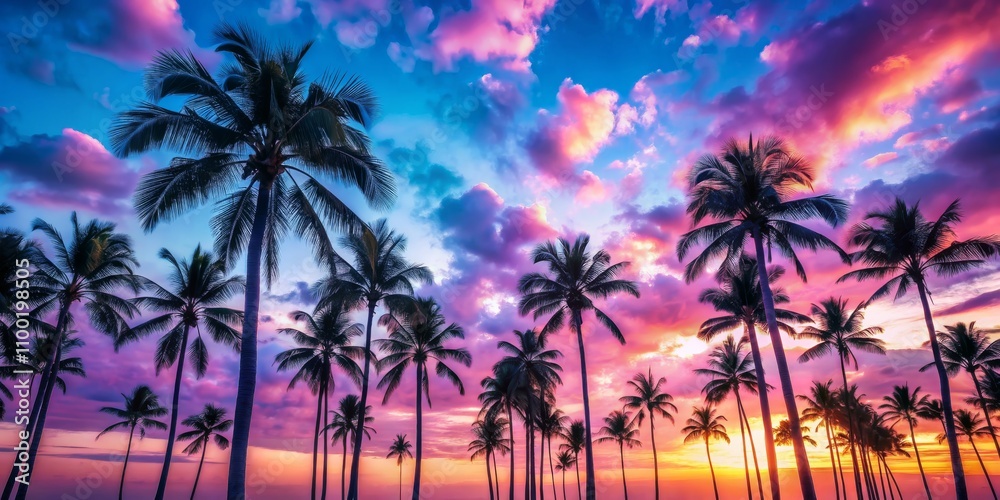 Silhouettes of Palm Trees at Sunset, Vibrant Hues, Tropical Paradise, Palm Trees, Sunset, Tropical, Paradise Silhouettes of Palm Trees at Sunset, Vibrant Hues, Tropical Paradise, Palm Trees, Sunset, Tropical, Paradise