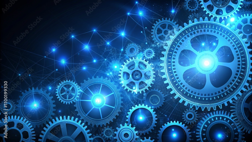 Obraz premium Interconnected Gears A Digital Network of Collaboration, 3D, Blue, Gears, Network, Technology