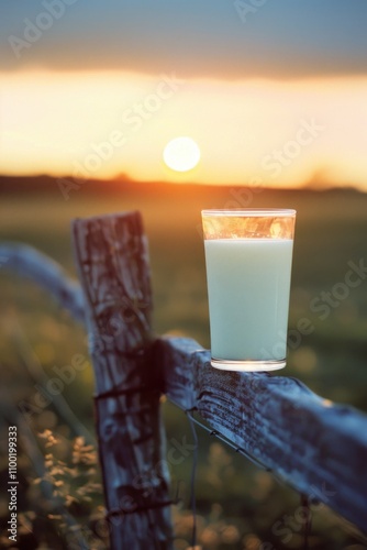 A glass of milk sitting on top of a wooden fence, simple and rustic setting