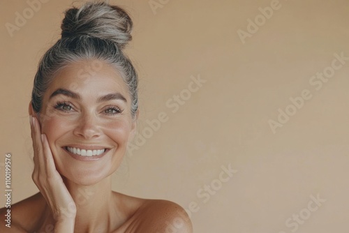 Portrait of a mature woman with gray hair smiling confidently, showcasing natural beauty and happiness. Her radiant expression embodies the joy of aging gracefully. Generated AI