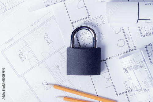 Construction ban. Door lock and house plan. Closing of construction. Dismissal of workers..