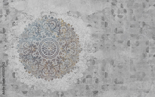 artwork radiates tranquility through its ornate circular pattern, blending vintage aesthetics with modern design. The soft color palette and intricate details evoke a sense of serenity and balance photo