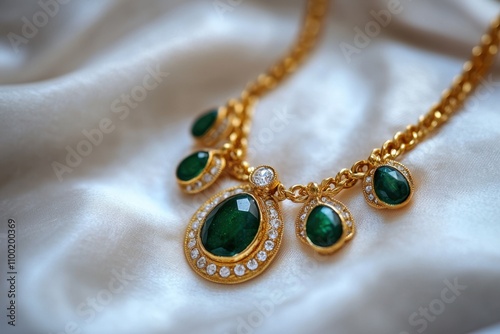 A gold and green necklace with a green stone and diamonds photo