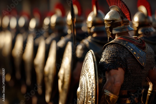 A group of soldiers in full battle gear, including helmets and shields photo