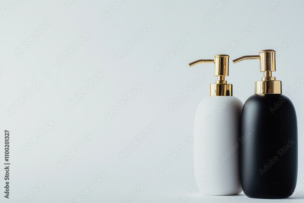 Obraz premium Sleek black and white pump bottles with gold accents on a minimalist background, perfect for beauty or skincare products.