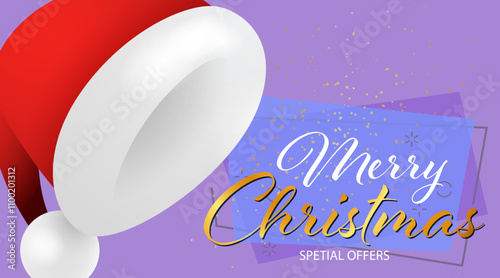 Merry Christmas Special Offers lettering with Santa Claus hat and yellow confetti coming on purple background. Lettering can be used for posters, leaflets, announcements