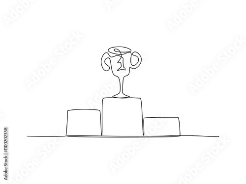 Podium with 1st place golden cup isolated on white background, pedestal of the winner, Continuous one line cartoon doodle hand drawn, Vector illustration, Editable stroke