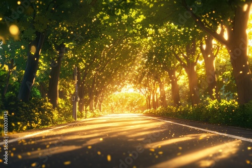 A beautiful road with trees on both sides, the sun shines through the leaves and falls