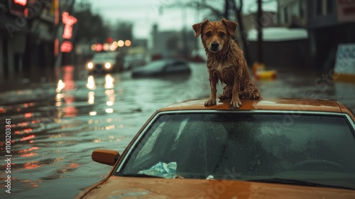 Soaked dog on orange car roof during flood time photo