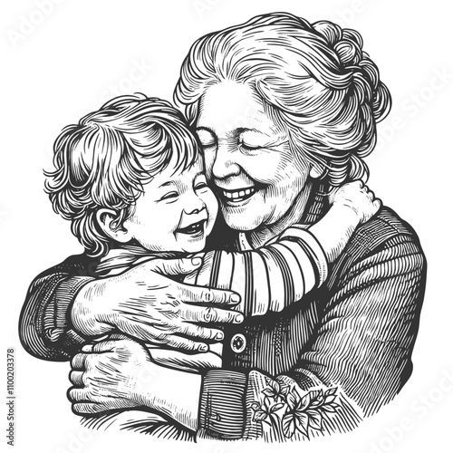 grandmother embracing her young grandson, family love and generational bond sketch engraving generative ai fictional character vector illustration. Scratch board imitation. Black and white image.
