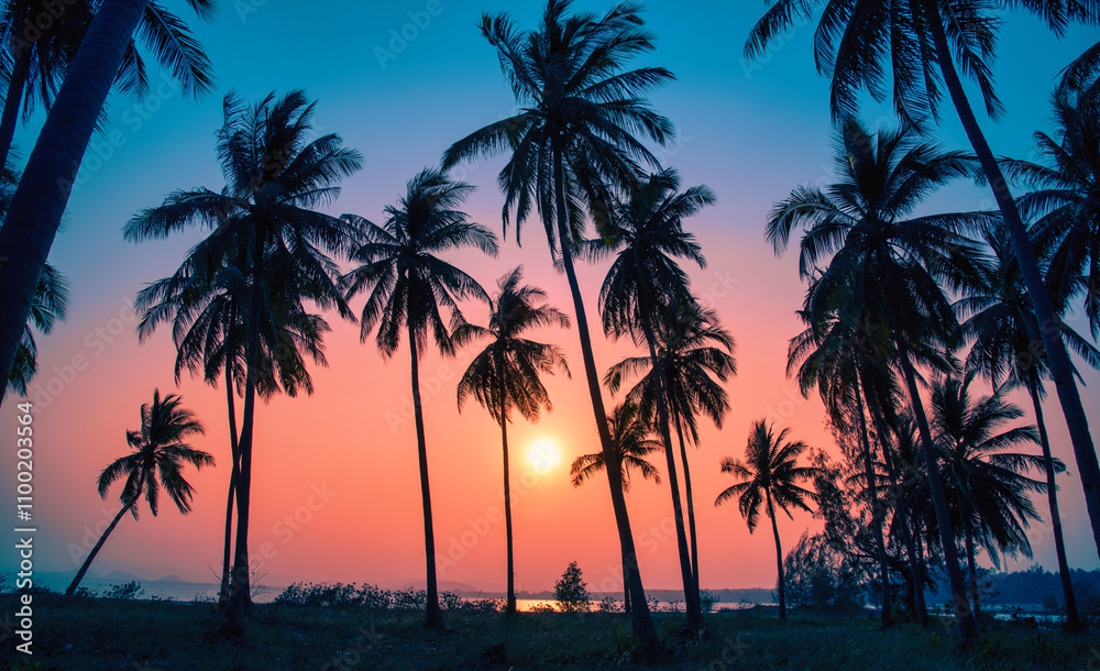 Fototapeta premium Silhouette coconut palm trees on beach at sunset. Vintage tone.