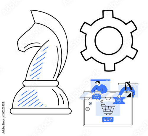 Chess knight symbolizes strategic thinking, gear represents technology, and online shopping elements depict digital commerce. Ideal for business strategy, technology, digital marketing, e-commerce