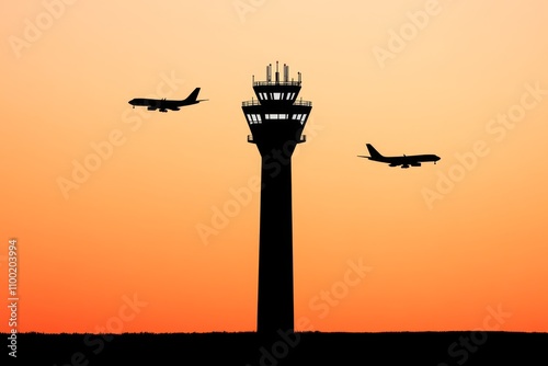 A stylized outline of an air traffic control tower, paired with minimalist airplane silhouettes