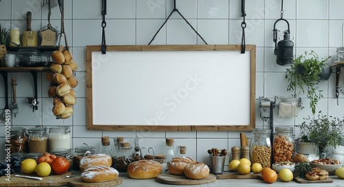 blank billboard hanging on the wall of the bakery or cafe The billboard is white, mock up poster, advertisement , isolated on white background,  , copy space, copy space for text, photo