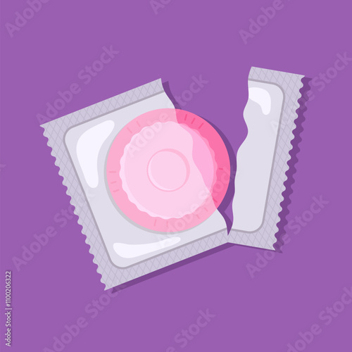 Open package of male condom. Concept of contraception method, protection against infections, prevention HIV and AIDS and unwanted pregnancy. Birth control, safe sex concept. Vector flat icons