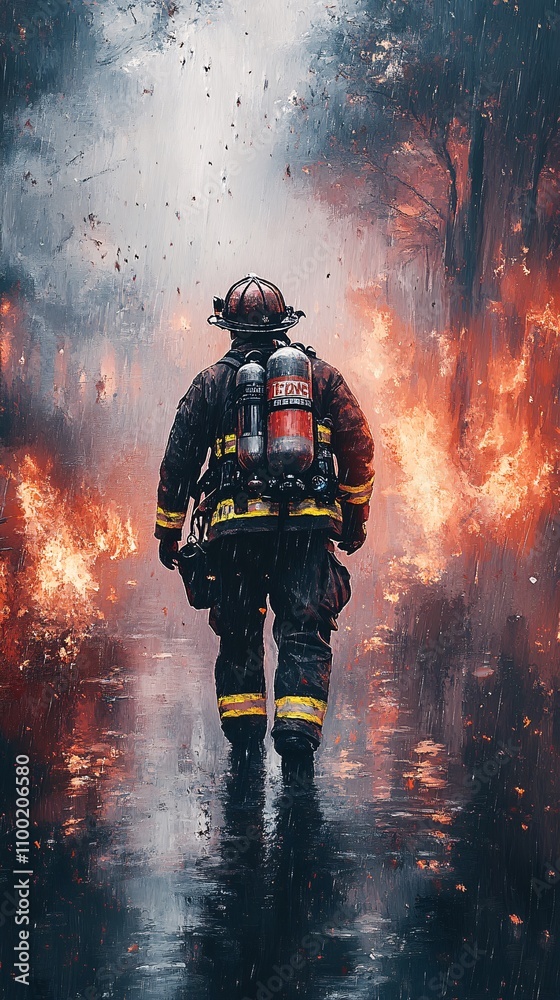 Fototapeta premium illustration of a firefighter, firefighter wallpaper, fire background.