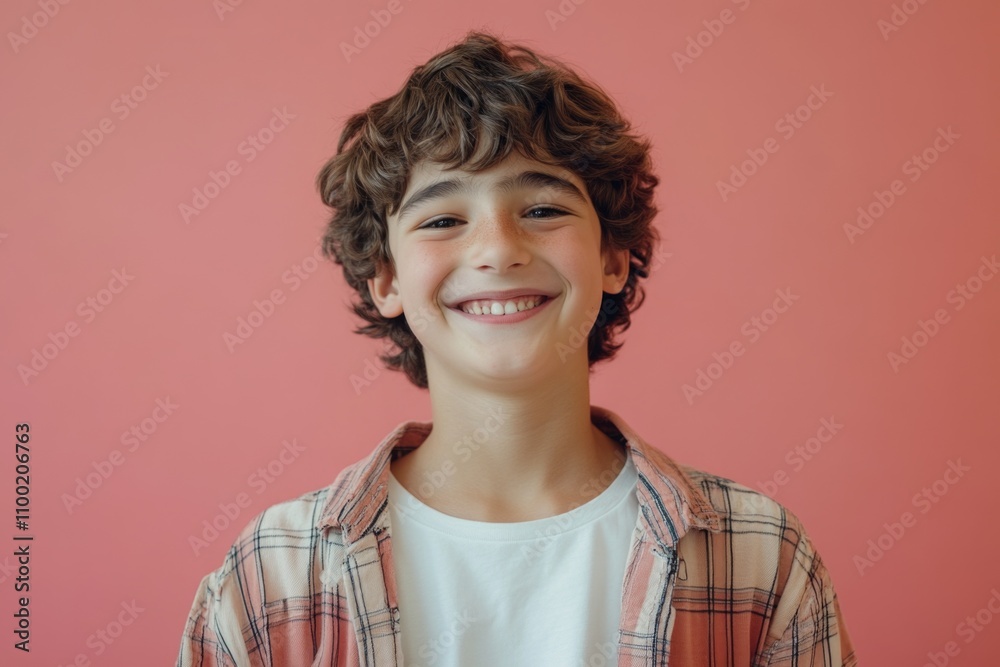 A happy young boy wearing a colorful plaid shirt, perfect for family or educational images A happy young boy wearing a colorful plaid shirt, perfect for family or educational images