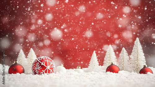 Festive Christmas scene with red and white baubles nestled in snow amongst miniature fir trees against a red, snowy backdrop.