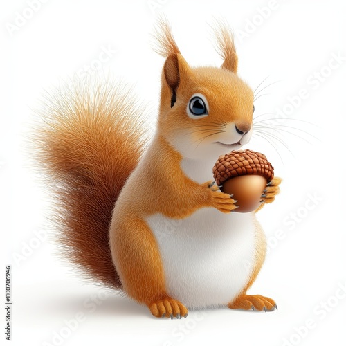 Cute squirrel holding acorn with fluffy tail and bright eyes