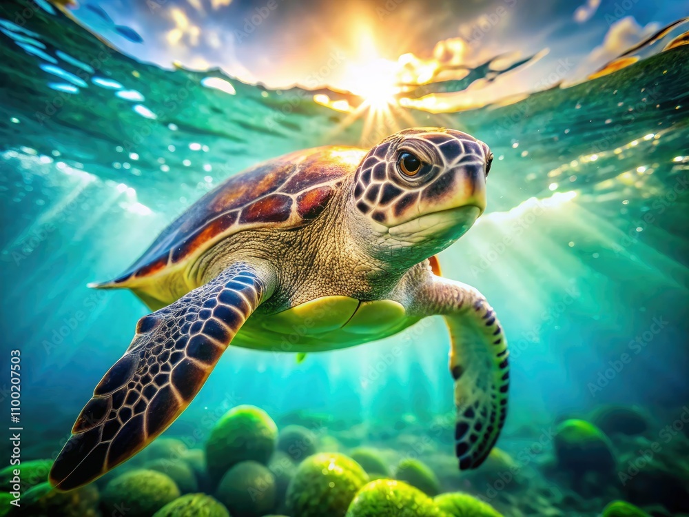 Fototapeta premium Underwater Turtle Bokeh Photography: Stunning Aquatic Life Images, Turtle Swimming, Bokeh Effect, Nature Photography