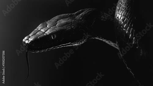 Intriguing Close-Up of a Black Snake in Dramatic Lighting photo