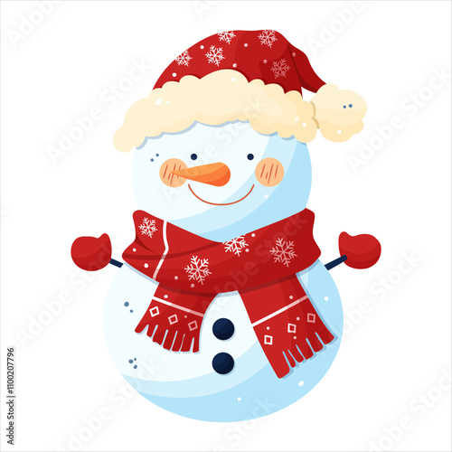 A snowman in a red hat and a red scarf decorated with snowflakes.
