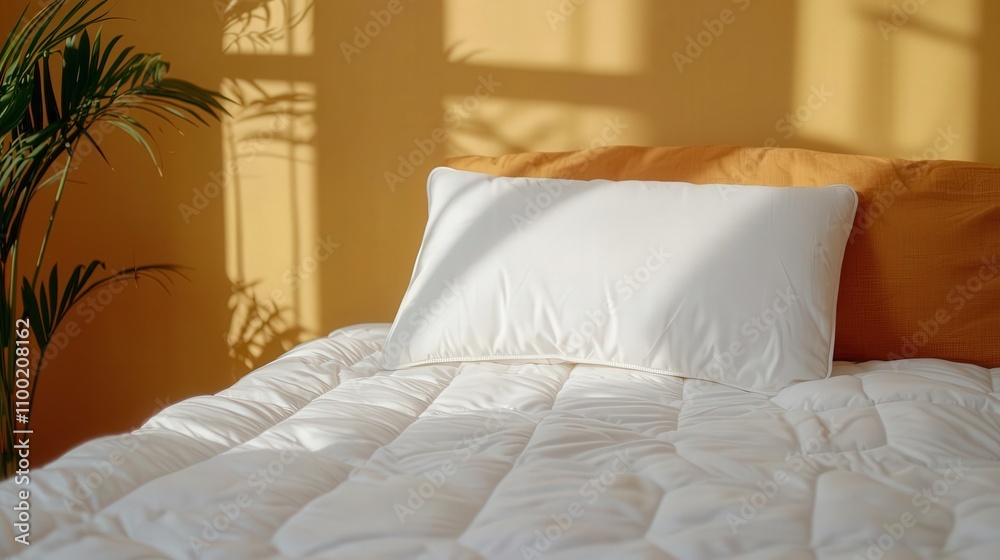 Obraz premium Bed with a neatly folded quilt, soft pillows, sunkissed room, tranquil and inviting