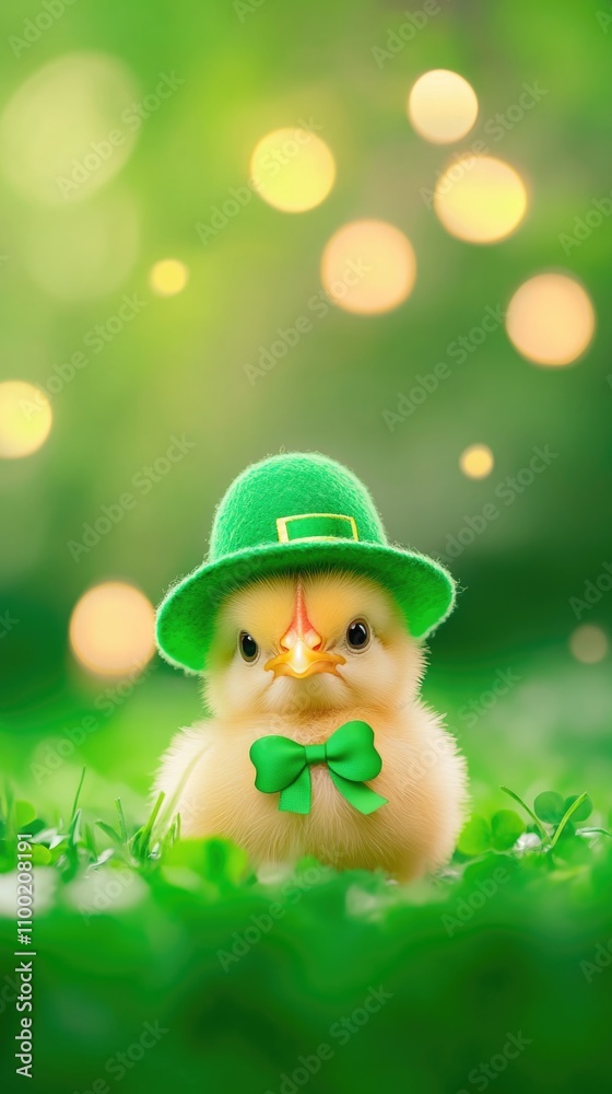Fototapeta premium Adorable chick wearing green hat and bow tie on st. patrick's day. Happy St. Patrick's day.