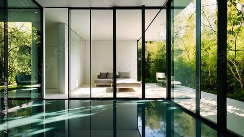 Modern Minimalist Glass House with Natural Light and Lush Garden Surroundings

 photo