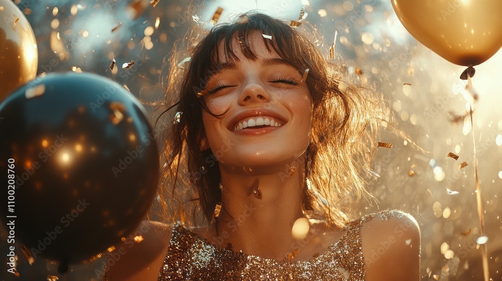 Fototapeta premium A woman is holding two balloons and smiling