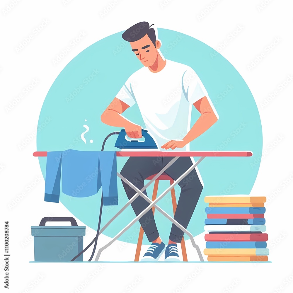 Fototapeta premium Minimalistic flat style illustration of a man ironing clothes, set against a clean white background. Perfect for household, chores, and daily life-themed designs.