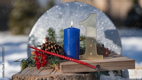 Advent's first Sunday In front of a silver panorama bokeh background, a blue candle with a golden metal number red ornament is placed on wooden planks in the snow. photo