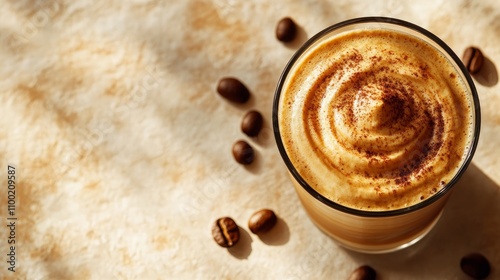 Iced Dalgona coffee in a glass with coffee beans, overhead shot.