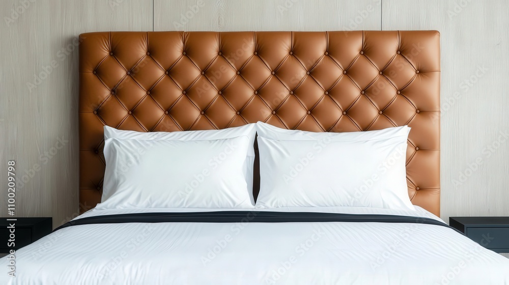 Obraz premium Elegant bed with luxurious bedding, tufted headboard, warm and inviting bedroom setting