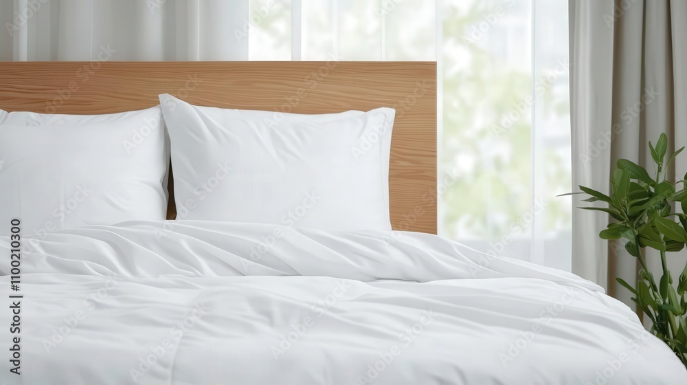 Obraz premium Freshly made bed with soft white linens, modern design, large windows letting in soft light