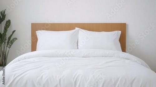 Minimalist bed with white linens in a clean and simple bedroom, natural light creating a serene vibe photo