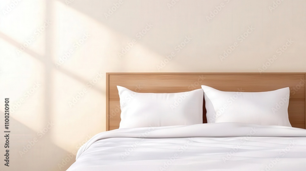 Obraz premium Modern bed with a sleek headboard, neatly made with crisp linens, sunlight casting gentle shadows