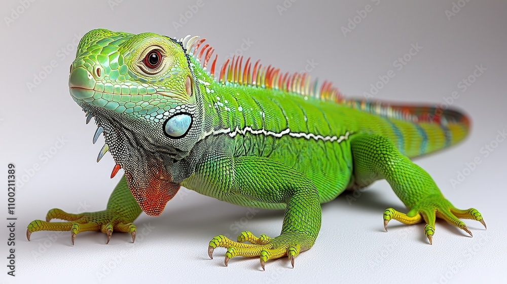 Fototapeta premium Vivid green iguana on neutral background: exotic reptile close-up