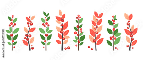 Christmas berry icon, winter plant, branch leaves, mistletoe, foliage decor, holiday tree red small berry isolated on white background. Xmas fruit set. Cartoon vector illustration