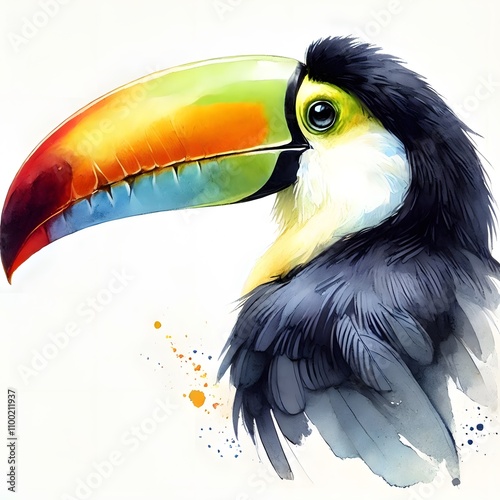 흰 배경, 무지개왕부리새, 수채화 (white background, Keel-billed toucan, water colour) photo